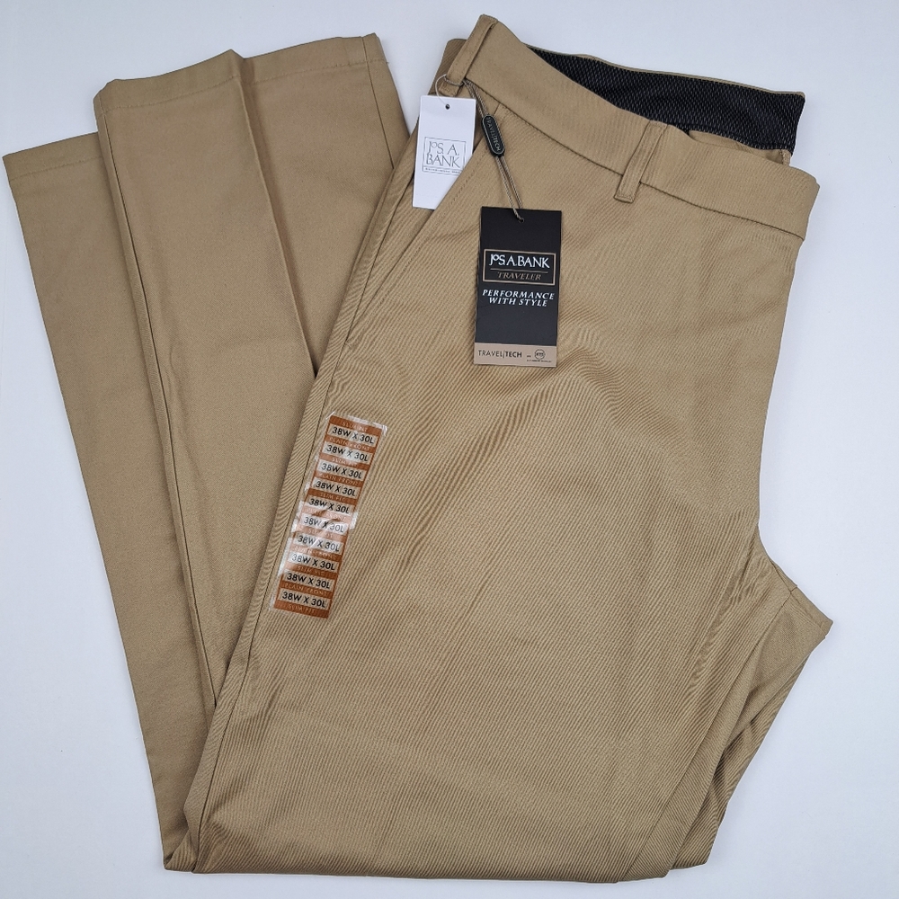 Jos A Bank Mens Traveler Travel Tech Pants 38x30 Tan Brown Slim Fit